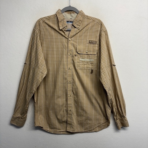 Columbia PHG Hunting Gear Casual Button Down Shirt M Tan Cream Check Plaid - Picture 1 of 7